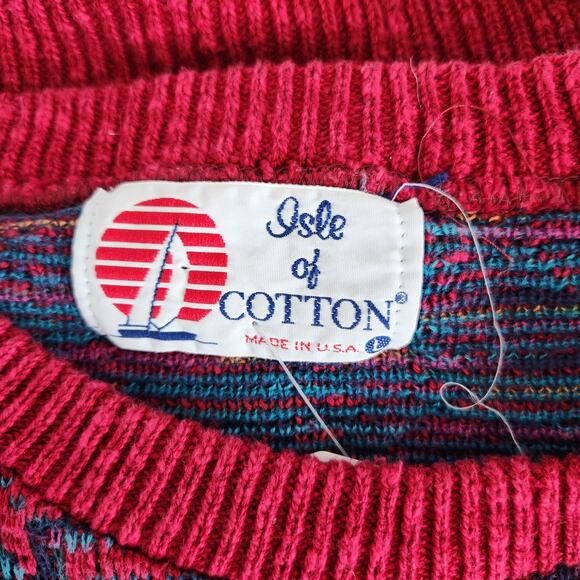 Vintage 80s Isle of Cotton Red Blue Geometric Knit Sweater Drop Shoulder L - Picture 6 of 9